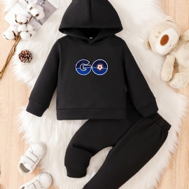 Småbarn Baby Go Print Fleece Varm Hettegenser Sweatshirt Bukser Sett For Gutter Jenter Høst Vinter