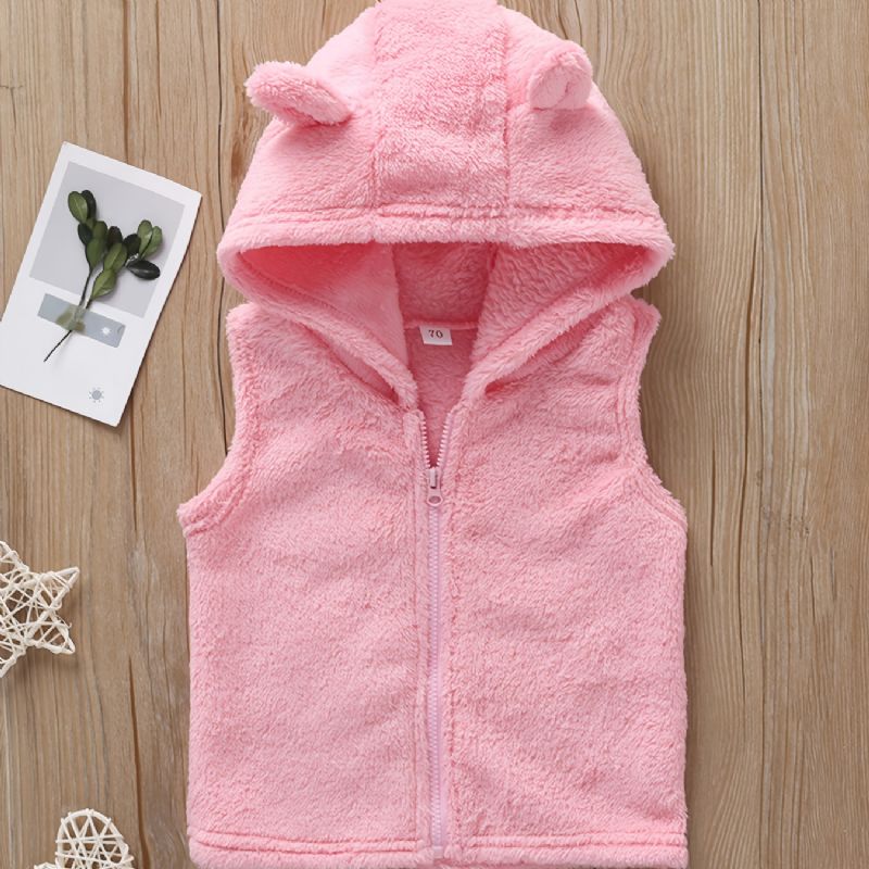 Baby Jenter Plysj Rosa Animal Ears Hooded Zip Vest