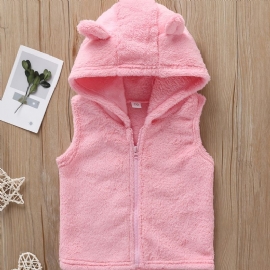 Baby Jenter Plysj Rosa Animal Ears Hooded Zip Vest