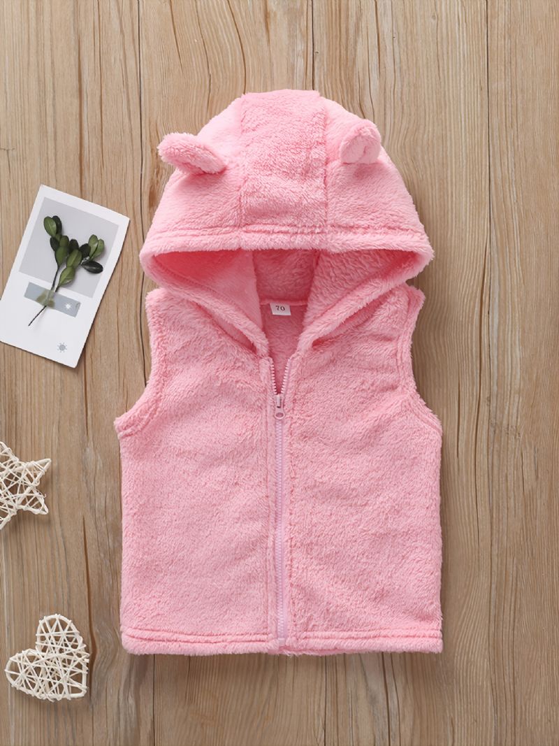 Baby Jenter Plysj Rosa Animal Ears Hooded Zip Vest