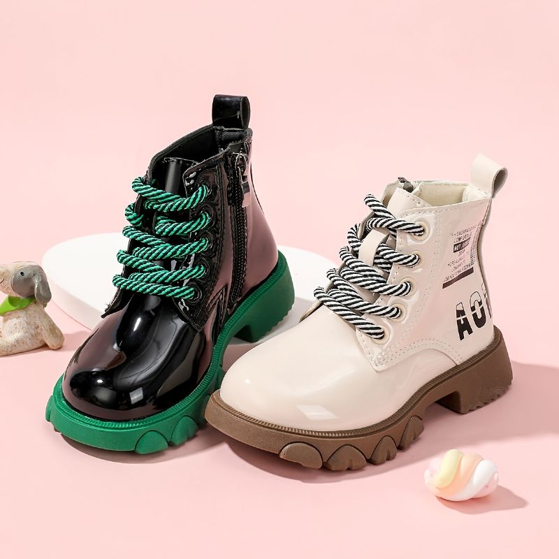 Kid Jenter Faux Leather Color-block Sideglidelås Snørestøvler Til Vinter