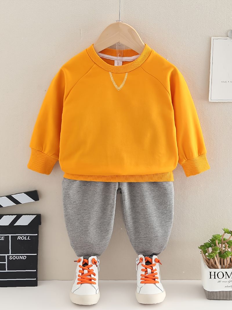 2 Stk Baby Gutter Ensfarget Pullover Rund Hals Langermet Sweatshirt & Bukser Barneklær