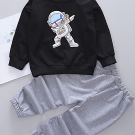 2 Stk Baby Gutter Pullover Astronaut Print Rund Hals Langermet Sweatshirt & Bukser Barneklær