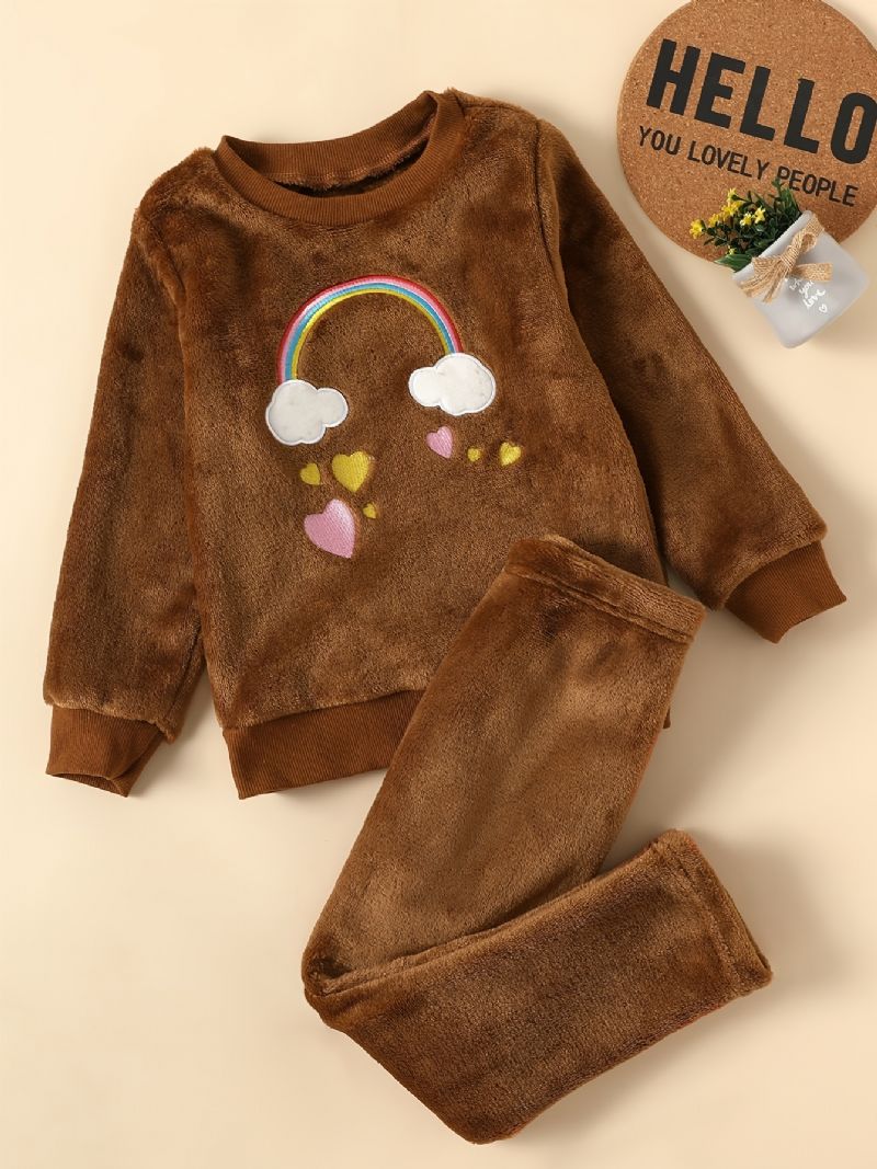 2 Stk Baby Jenter Cloud Rainbow Brodert Plysj Genser Langermet Sweatshirt Og Buksesett Barneklær