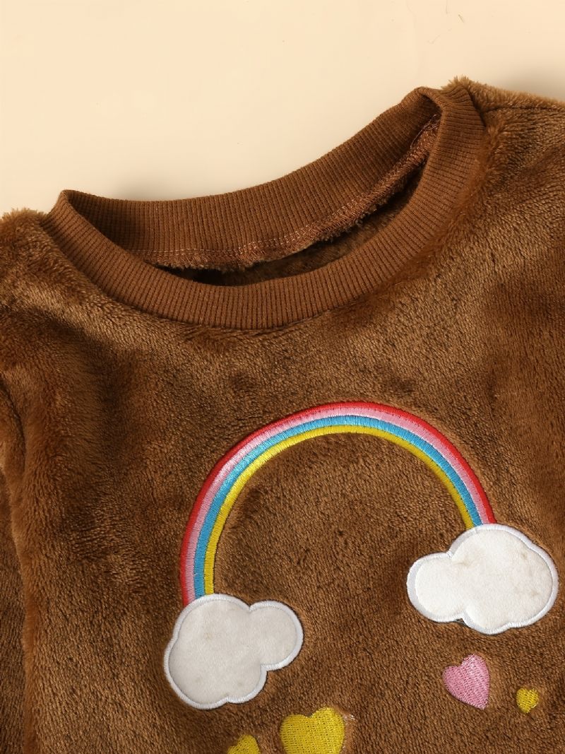 2 Stk Baby Jenter Cloud Rainbow Brodert Plysj Genser Langermet Sweatshirt Og Buksesett Barneklær