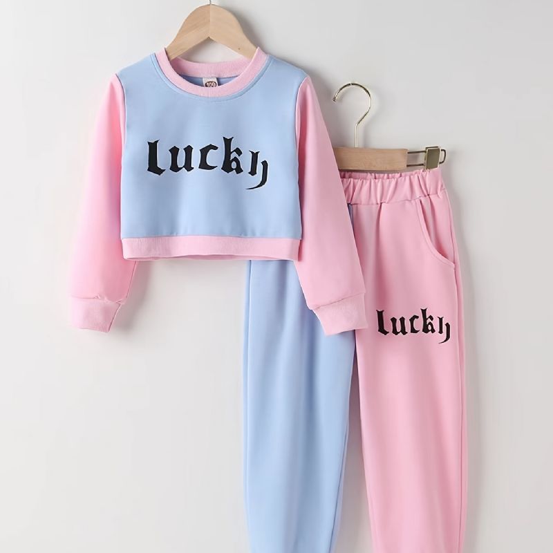 2 Stk Baby Jenter Letter Print Crop Pullover Rund Hals Langermet Color Block Sweatshirt & Buksesett Barneklær