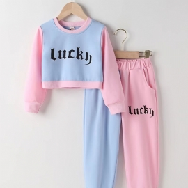 2 Stk Baby Jenter Letter Print Crop Pullover Rund Hals Langermet Color Block Sweatshirt & Buksesett Barneklær