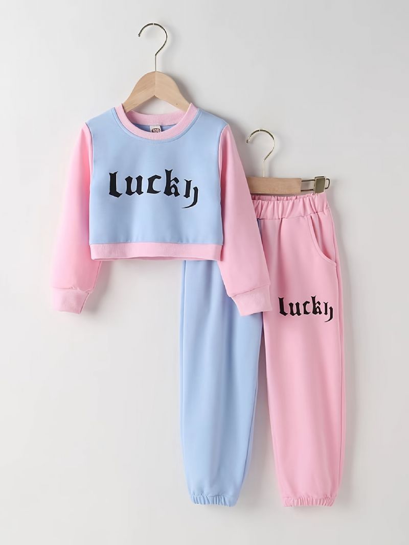 2 Stk Baby Jenter Letter Print Crop Pullover Rund Hals Langermet Color Block Sweatshirt & Buksesett Barneklær