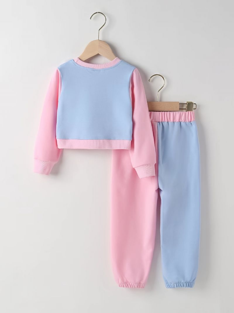 2 Stk Baby Jenter Letter Print Crop Pullover Rund Hals Langermet Color Block Sweatshirt & Buksesett Barneklær