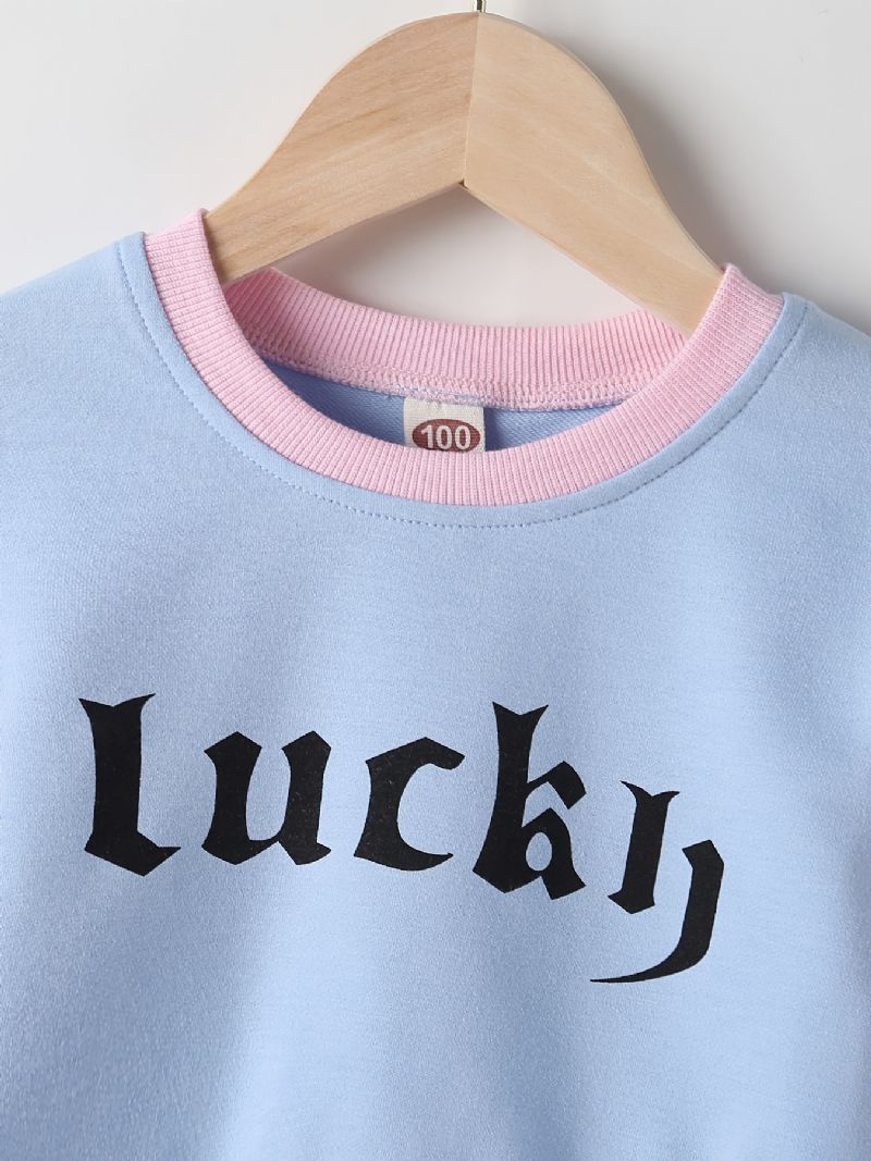 2 Stk Baby Jenter Letter Print Crop Pullover Rund Hals Langermet Color Block Sweatshirt & Buksesett Barneklær