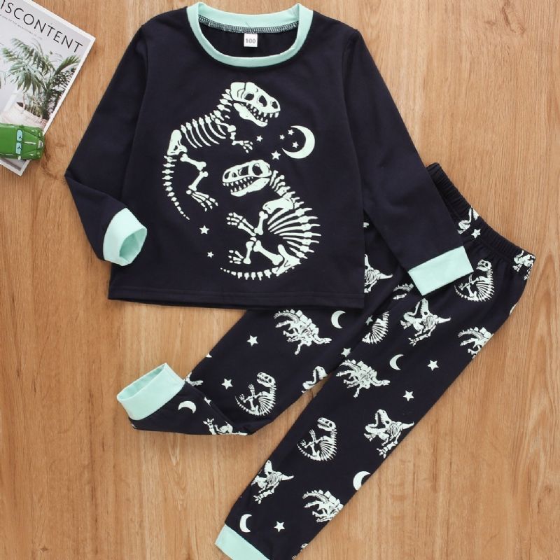 2 Stk Gutter Dinosaur Skjelett Print Langermet Casual Pyjamas Toppbukser