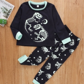 2 Stk Gutter Dinosaur Skjelett Print Langermet Casual Pyjamas Toppbukser