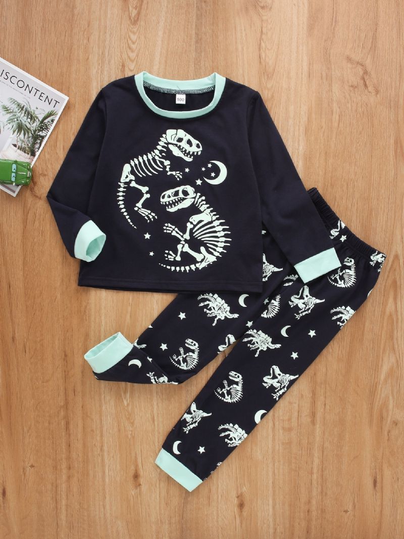 2 Stk Gutter Dinosaur Skjelett Print Langermet Casual Pyjamas Toppbukser