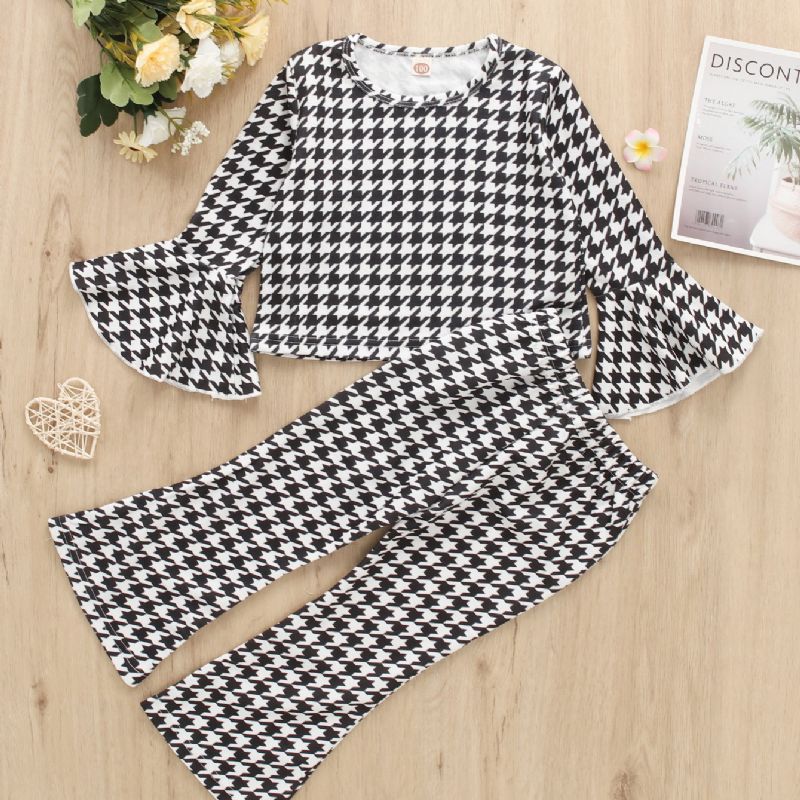 2 Stk Jenter Langermet Houndstooth Print Flare Sleeve Bukser