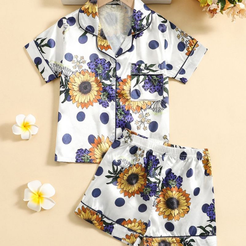 2stk Jenter Sunflower Print Button Front Top Korte Bukser Satin Loungewear