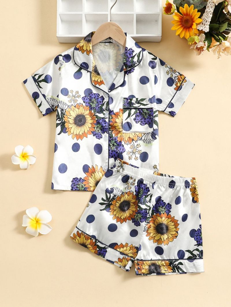 2stk Jenter Sunflower Print Button Front Top Korte Bukser Satin Loungewear