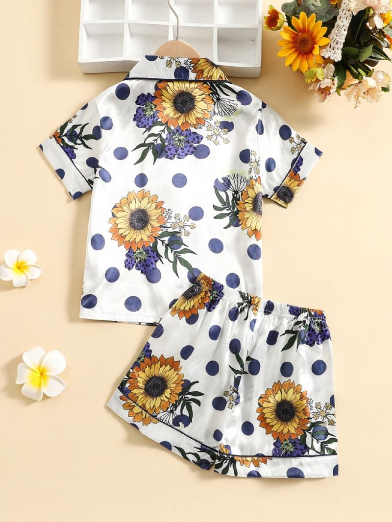 2stk Jenter Sunflower Print Button Front Top Korte Bukser Satin Loungewear