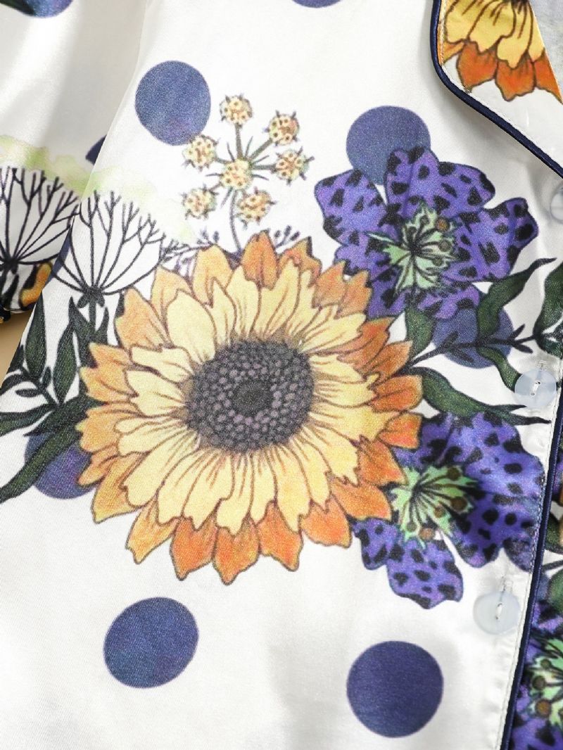 2stk Jenter Sunflower Print Button Front Top Korte Bukser Satin Loungewear