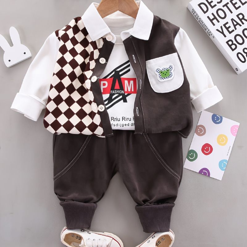 3 Stk Baby Gutter Langermet Pullover & Bukser & Lapel Spleise Bluse Barneklær