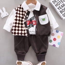 3 Stk Baby Gutter Langermet Pullover & Bukser & Lapel Spleise Bluse Barneklær