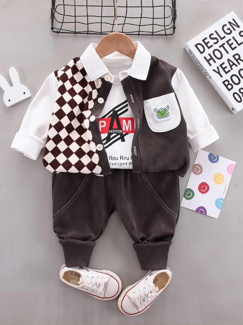 3 Stk Baby Gutter Langermet Pullover & Bukser & Lapel Spleise Bluse Barneklær