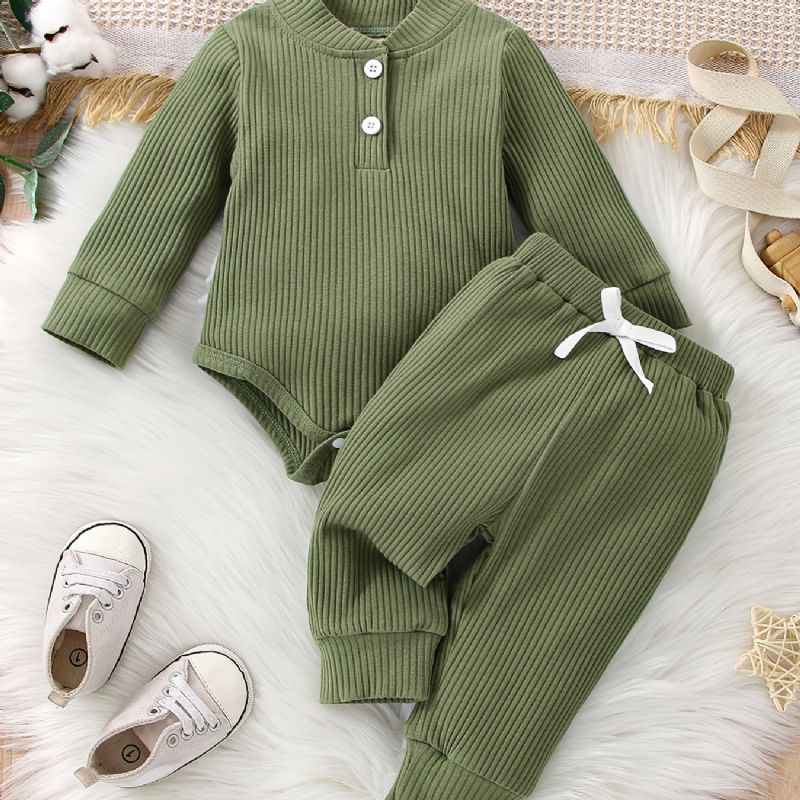 Baby Gutter Casual Cotton Ribbed Romper & Drawstrings Bukser Til Vinter