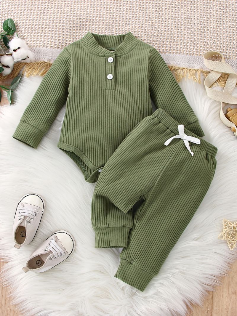 Baby Gutter Casual Cotton Ribbed Romper & Drawstrings Bukser Til Vinter