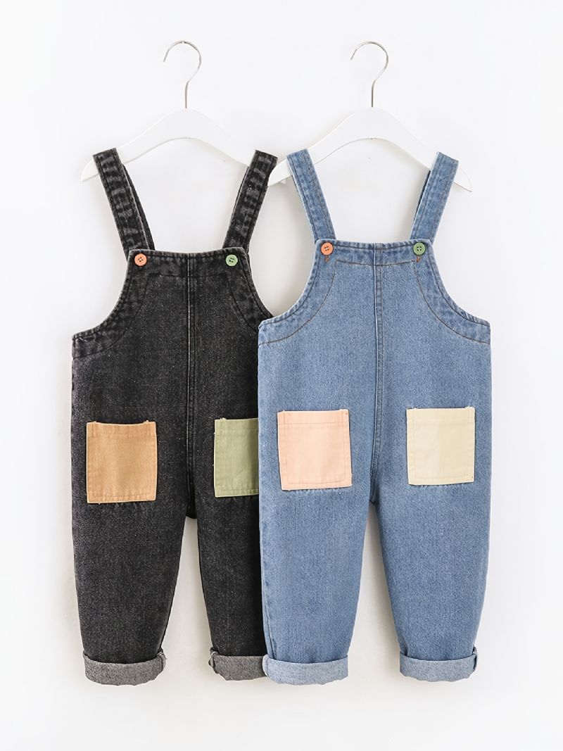 Baby Gutter Casual Vintage Denim Suspendelbukser Med Sømlommer For Vinteren