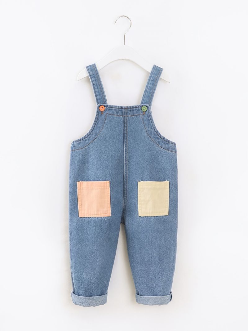 Baby Gutter Casual Vintage Denim Suspendelbukser Med Sømlommer For Vinteren
