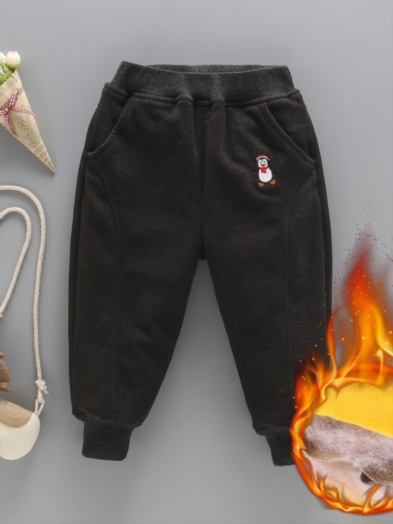 Baby Gutter Joggebukser Elastisk Midje Penguin Brodert Fleece Varme Bukser Barneklær