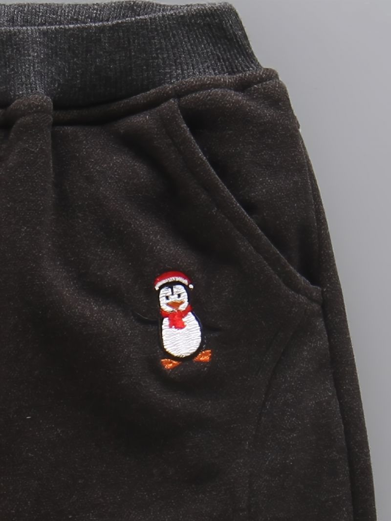 Baby Gutter Joggebukser Elastisk Midje Penguin Brodert Fleece Varme Bukser Barneklær