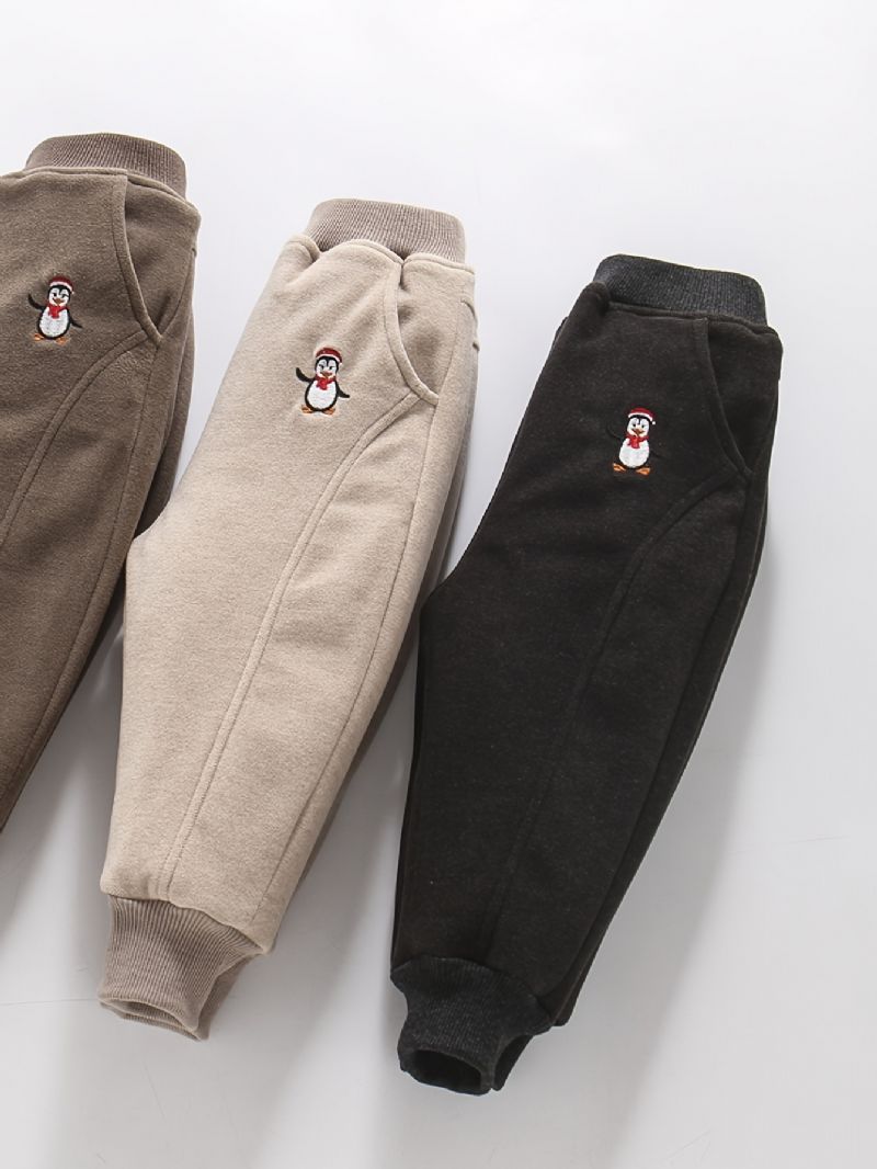 Baby Gutter Joggebukser Elastisk Midje Penguin Brodert Fleece Varme Bukser Barneklær