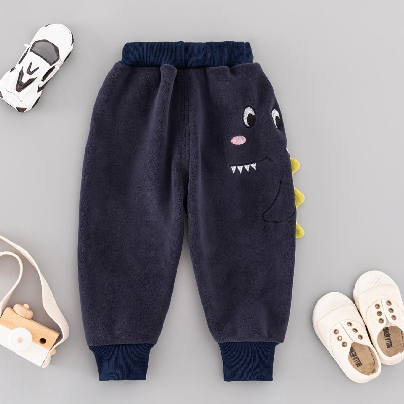 Baby Gutter Polar Fleece Joggebukser Elastisk Midje Dinosaur Brodert Tykket Varm Sport Jogger Bukser Vinter Barneklær