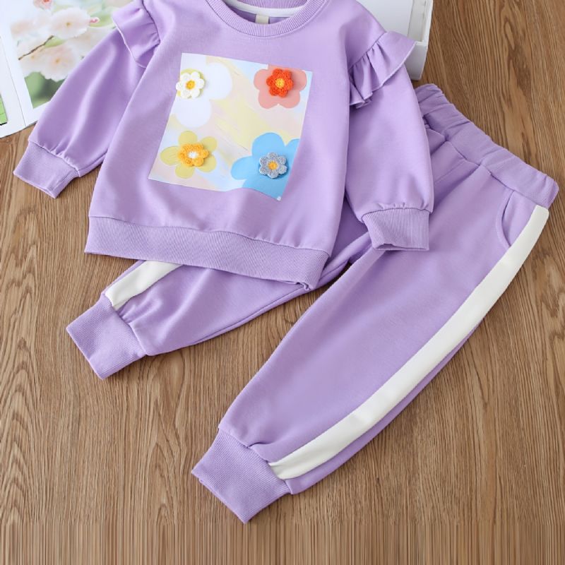 Baby Jenter Casual Blomst Print Langermet Rundhals Sweatshirt Buksesett Høst Vinter