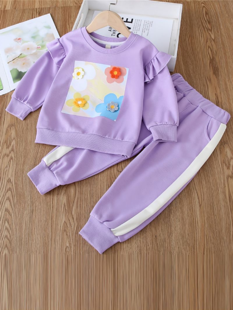 Baby Jenter Casual Blomst Print Langermet Rundhals Sweatshirt Buksesett Høst Vinter