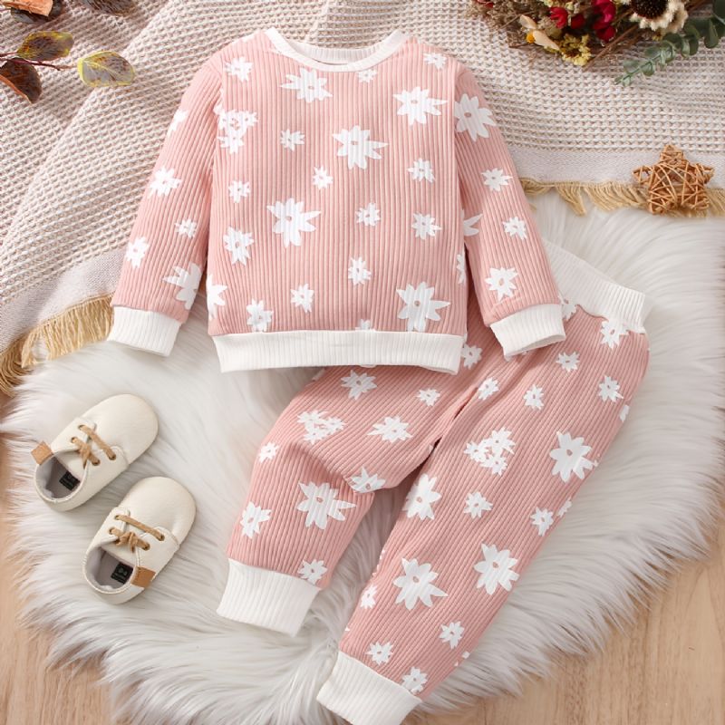 Baby Jenter Pullover Rund Hals Langermet Flower Print Sweatshirt & Bukser Barneklær