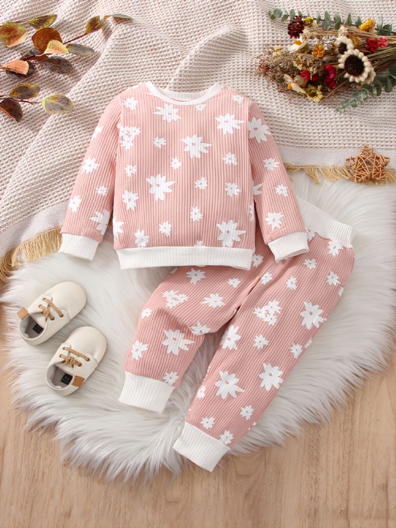 Baby Jenter Pullover Rund Hals Langermet Flower Print Sweatshirt & Bukser Barneklær