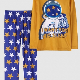 Barn Gutter Pyjamas Astronaut Print Rund Hals Langermet Topp & Buksesett
