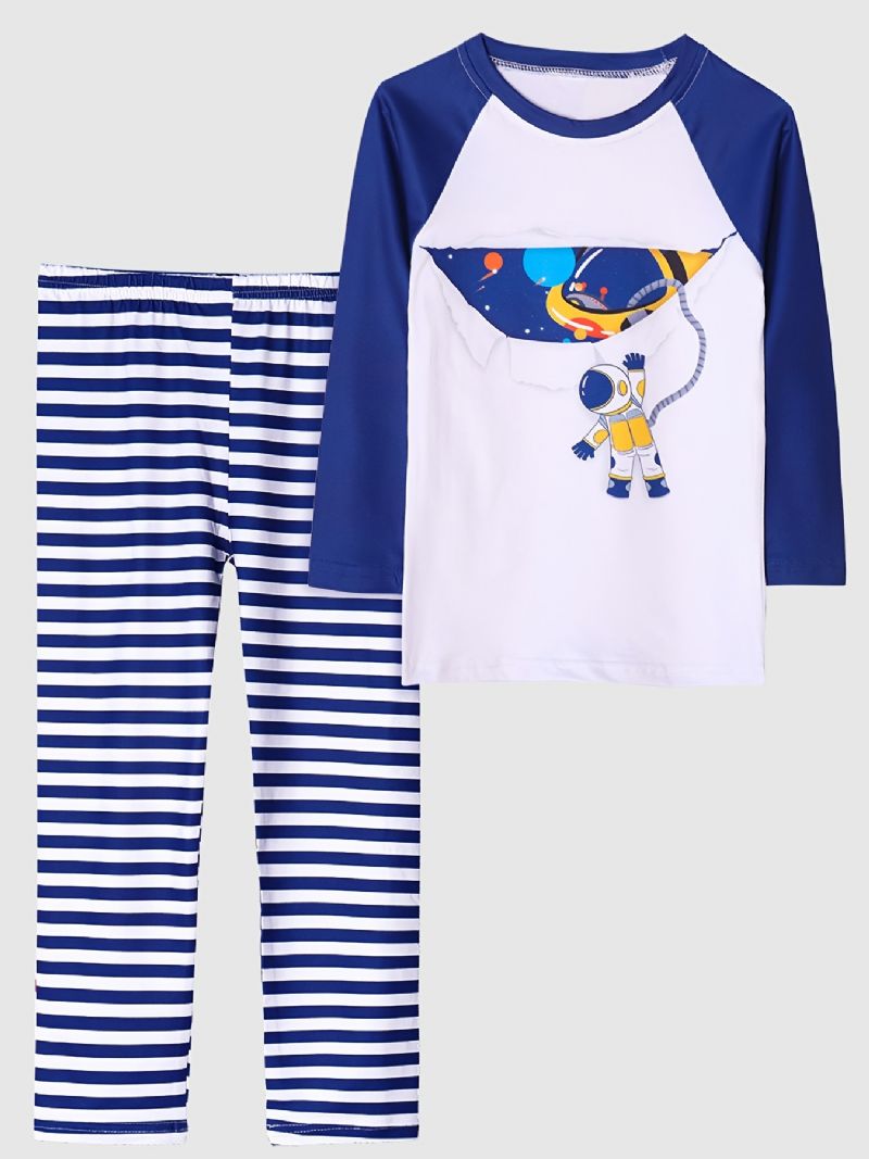 Barn Gutter Pyjamas Astronaut Print Rund Hals Langermet Topp & Stripe Buksesett