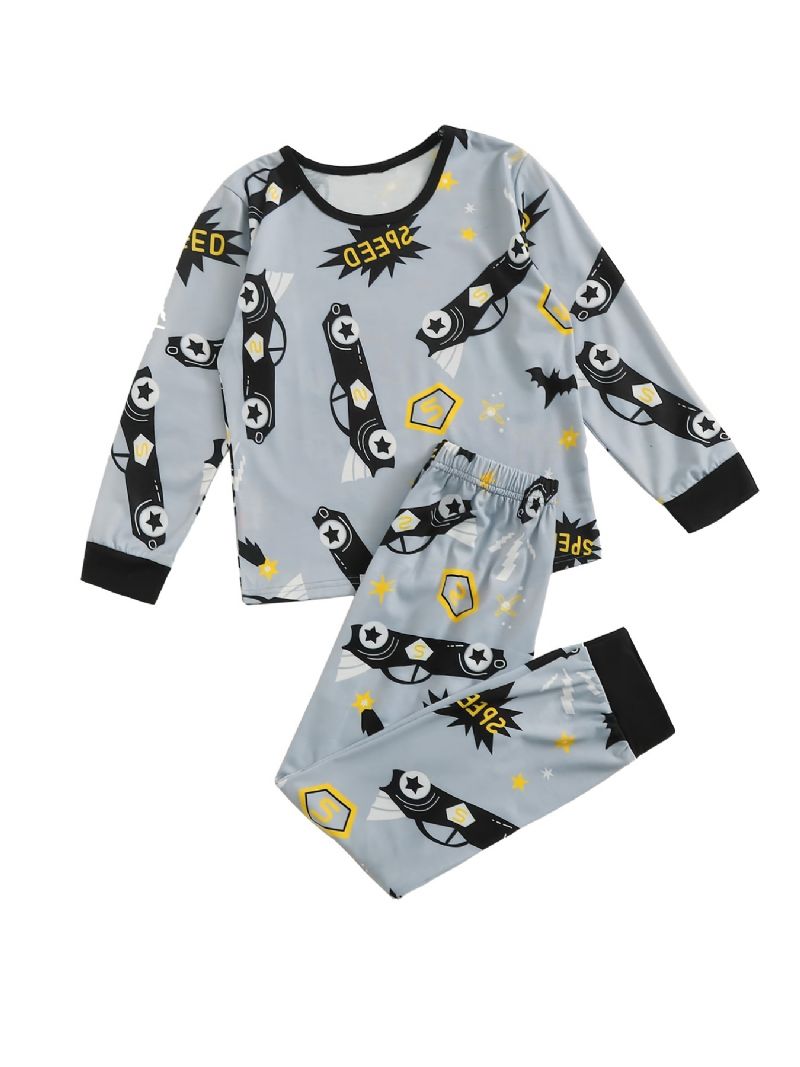 Guttens Pyjamas Cartoon Car Print Casual Rund Hals Langermet Pullover Pants Set