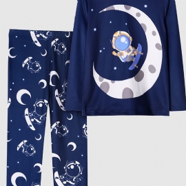 Guttens Pyjamas Moon Astronaut Print Rund Hals Langermet Topp Og Buksesett