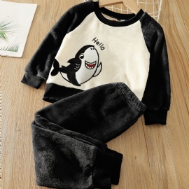 Gutter Fleece Color Block Shark Brodert Pullover Topp + Ensfarget Buksesett Barneklær Til Vinteren