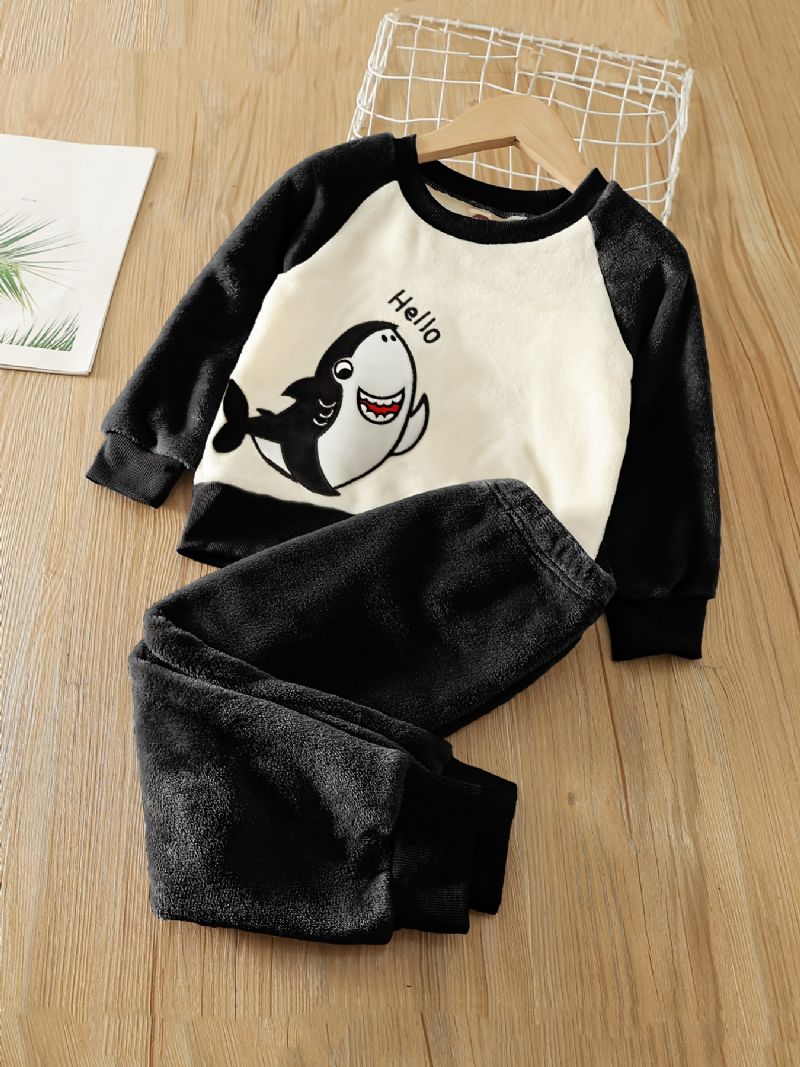 Gutter Fleece Color Block Shark Brodert Pullover Topp + Ensfarget Buksesett Barneklær Til Vinteren