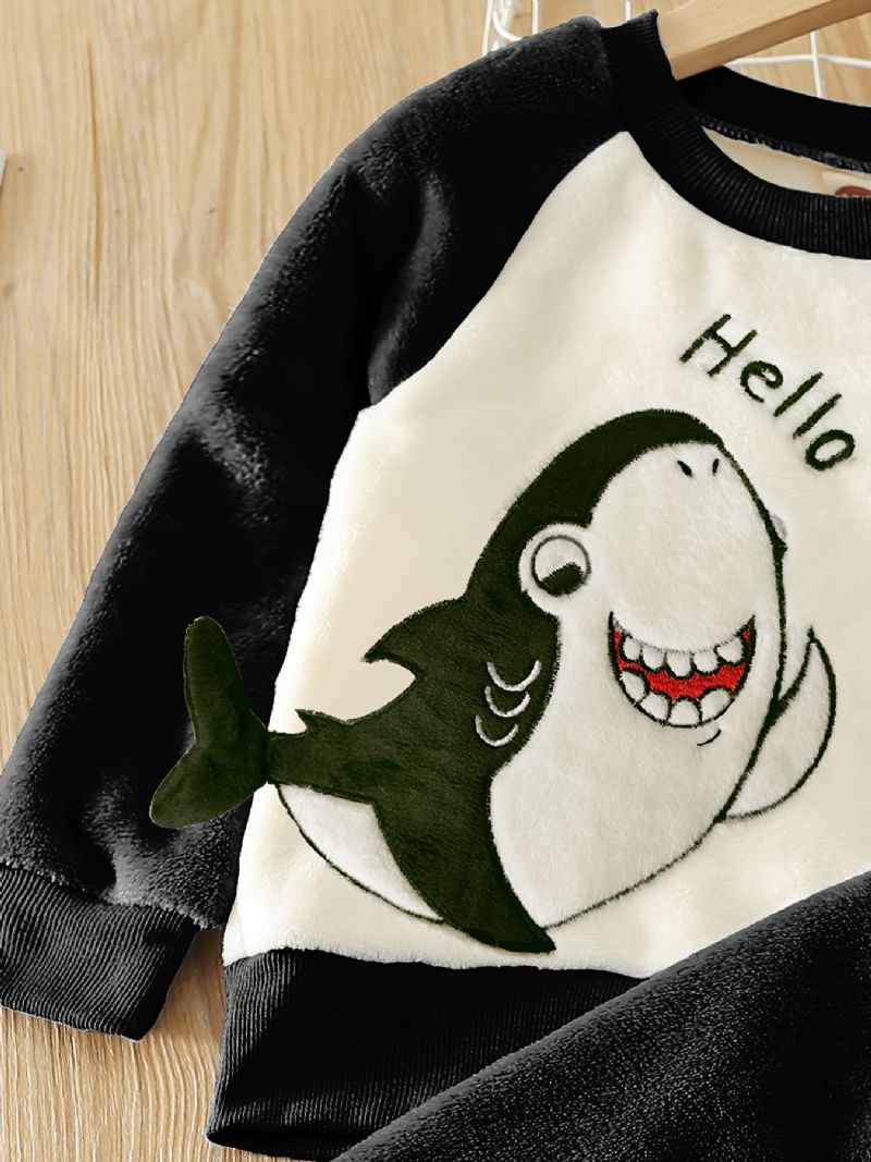 Gutter Fleece Color Block Shark Brodert Pullover Topp + Ensfarget Buksesett Barneklær Til Vinteren