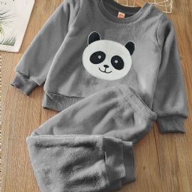 Gutter Fleece Panda Langermet Pullover Topp + Buksesett Barneklær