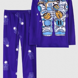 Gutter Pyjamas Astronaut Print Rundhals Langermet Topp & Buksesett