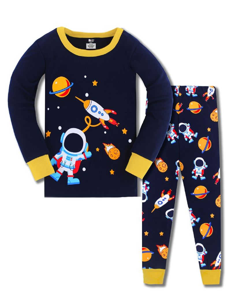 Gutter Pyjamas Familieantrekk Space Print Rundhals Langermet Topp Og Buksesett Barneklær