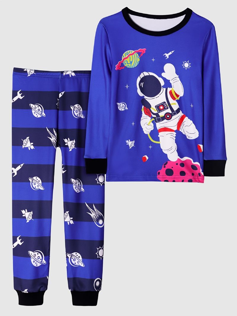 Gutter Uformelt Blå Tegneseriepysjamassett Med Astronauttrykk Langermet T-skjorte Og Stripete Bukser