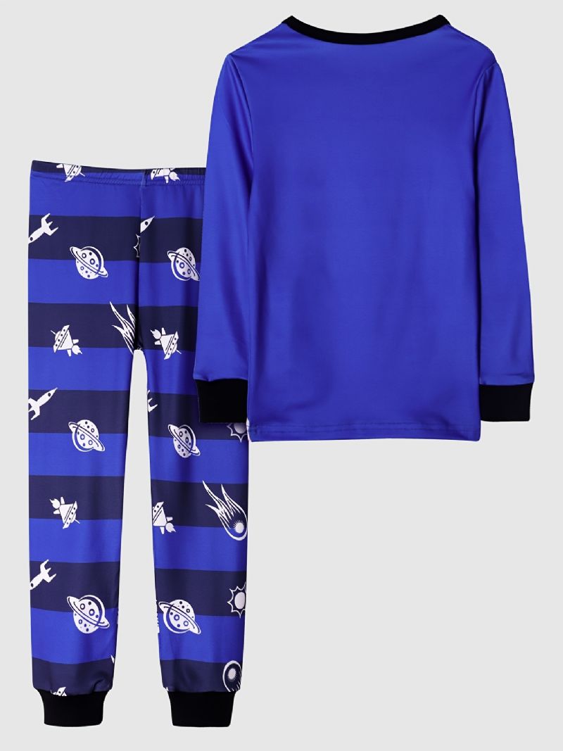 Gutter Uformelt Blå Tegneseriepysjamassett Med Astronauttrykk Langermet T-skjorte Og Stripete Bukser