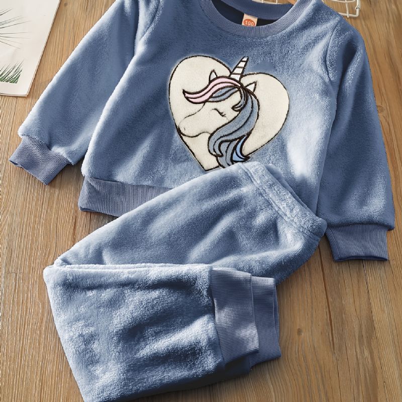 Jente Fleece Unicorn Pullover Topp + Buksesett Barneklær